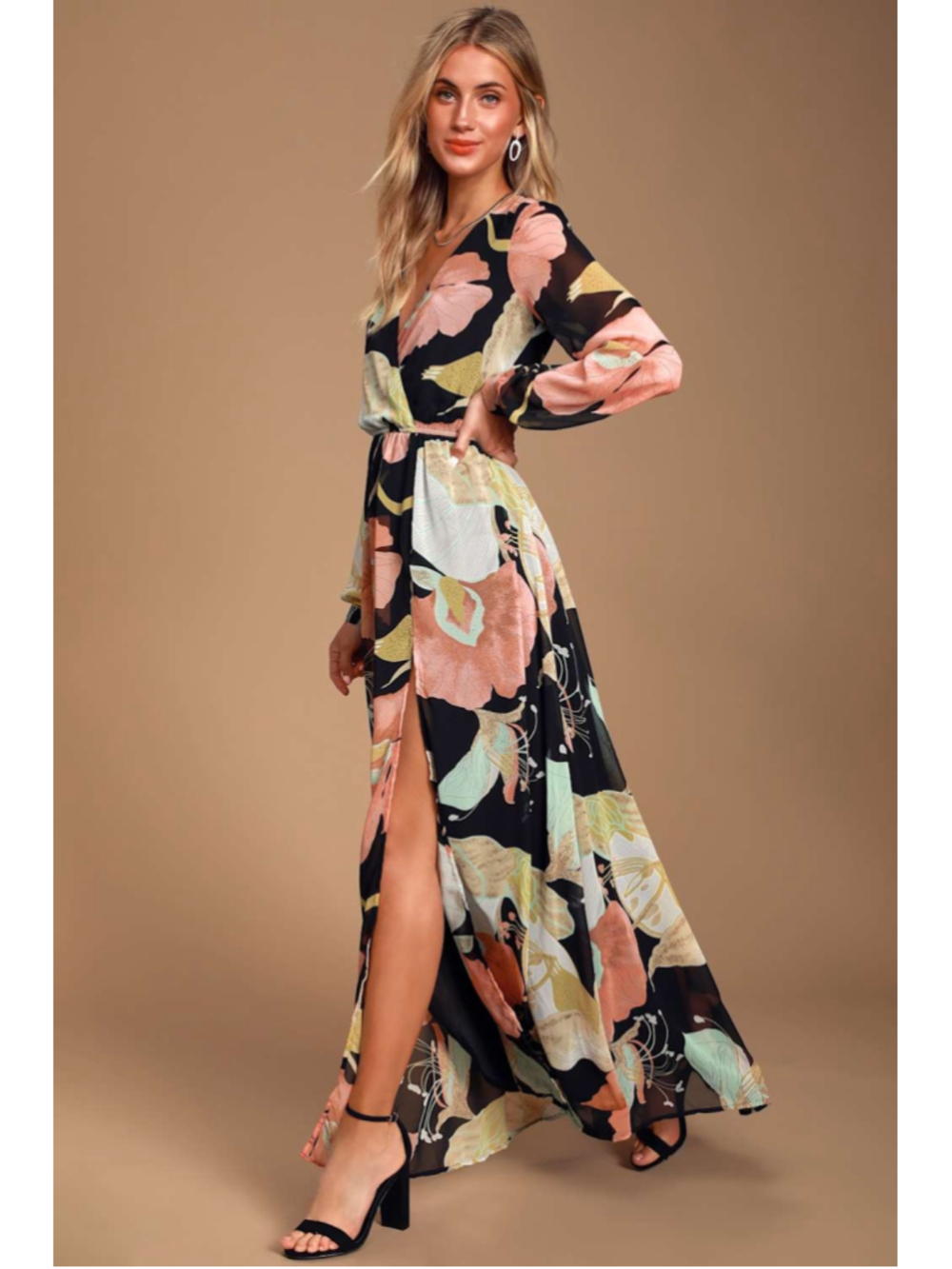 Lulus Wondrous Water Lilies Black Floral Print V-Neck Long Sleeve Maxi Dress XL